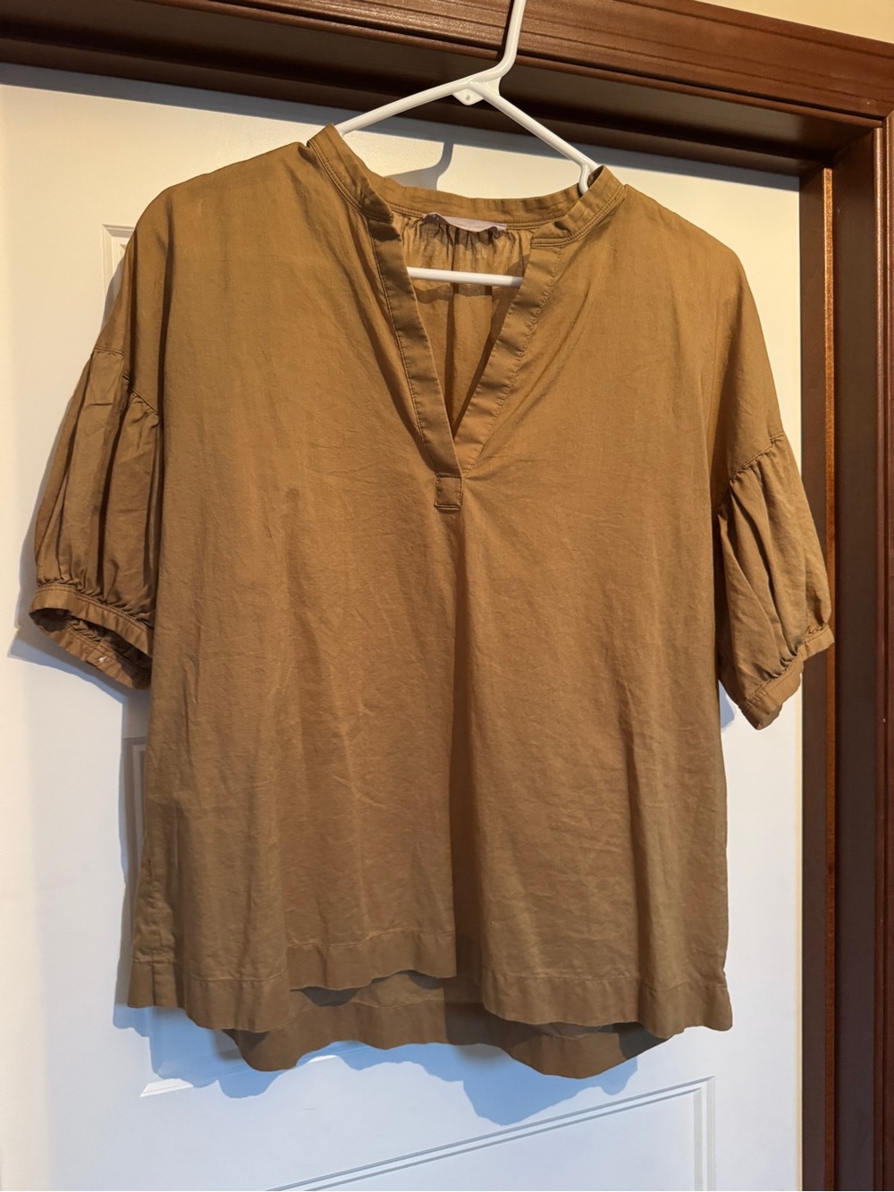 Everlane Tan Split V Puff-Sleeve Blouse